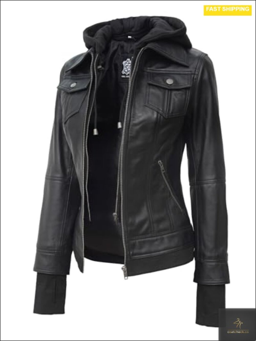 Genuine Lambskin Leather Moto Jacket Women Detachable Hood Biker